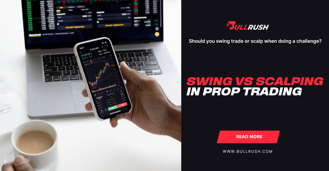 A person holds a smartphone displaying a stock chart, with a laptop and coffee cup nearby. Text reads, “Swing vs Scalping in Prop Trading,” suggesting a decision between these trading strategies.